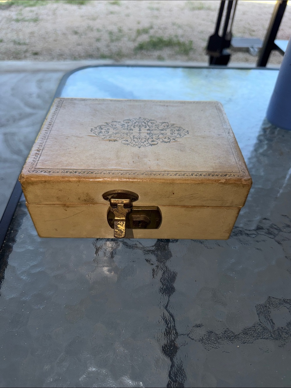 Vintage Jewelry Trinket Box Chest Storage Case Cream Blue Interior Granny Core